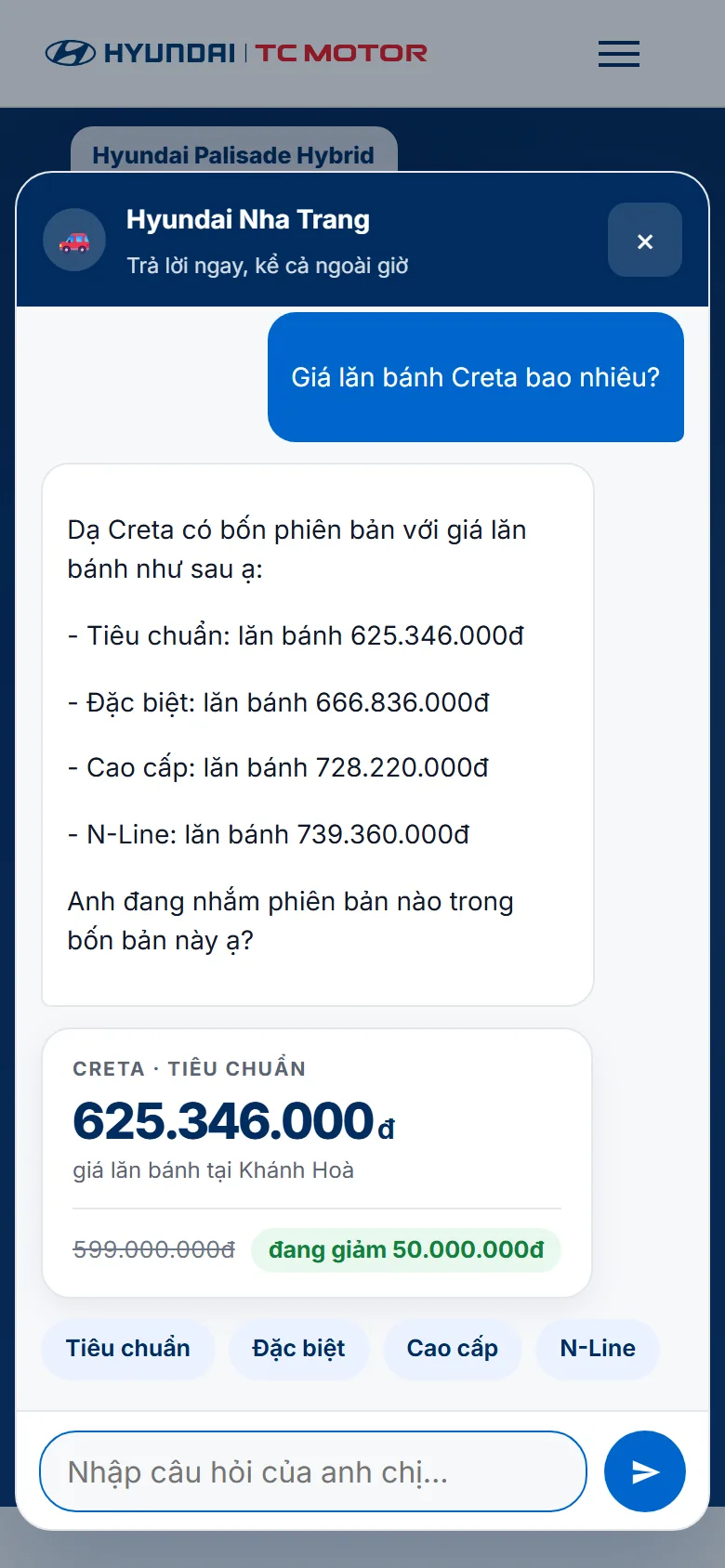 Khung chat trên web trả lời câu hỏi giá lăn bánh Creta, kèm giá từng phiên bản